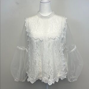 Wowo White Lace Dressy Blouse with Sheer Sleeves and Ruffles Size 3XL